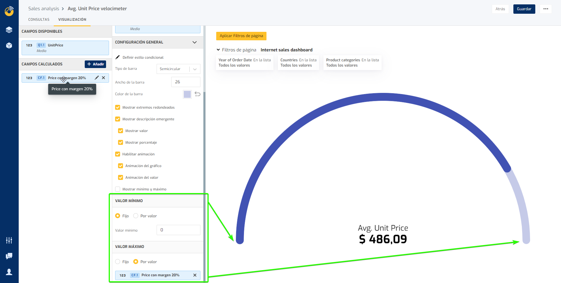 Biuwer - Use a data field to specify the minimum and maximum values in Speedometer Charts