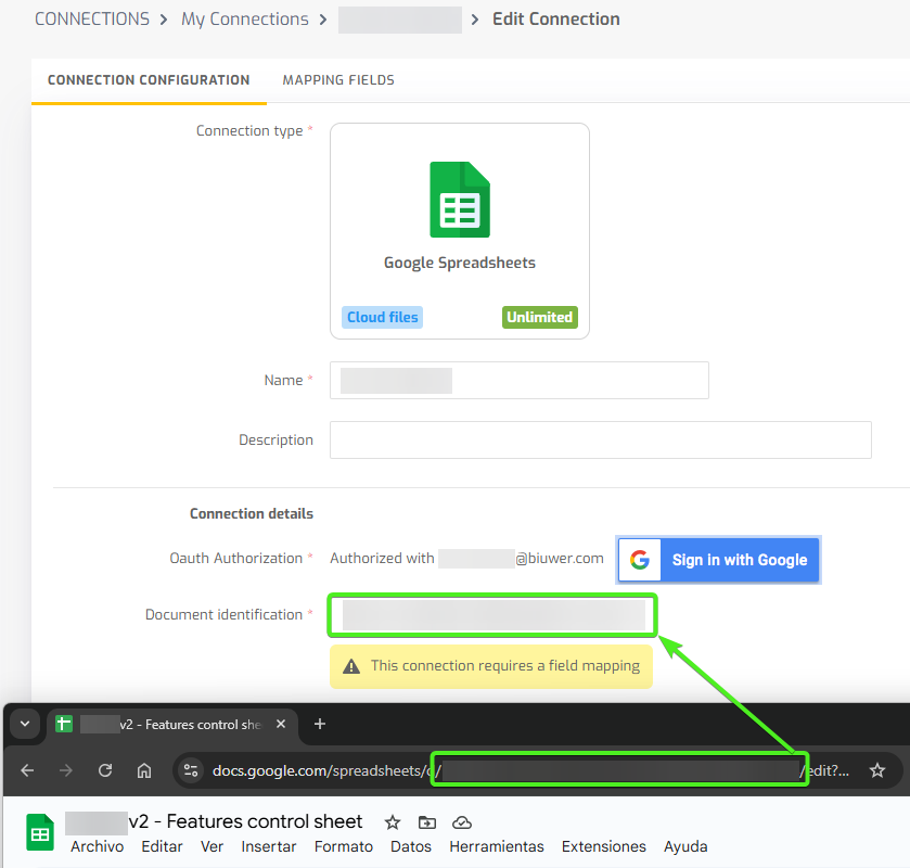 Biuwer - Configura una conexión Google Sheets con el ID del documento