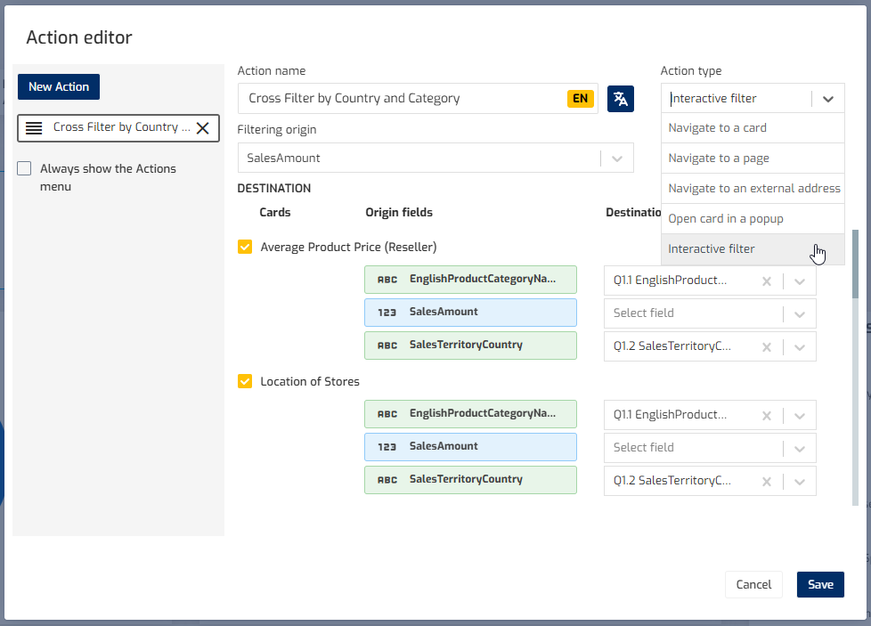 Biuwer - Configuring Interactive Filtering action on cards