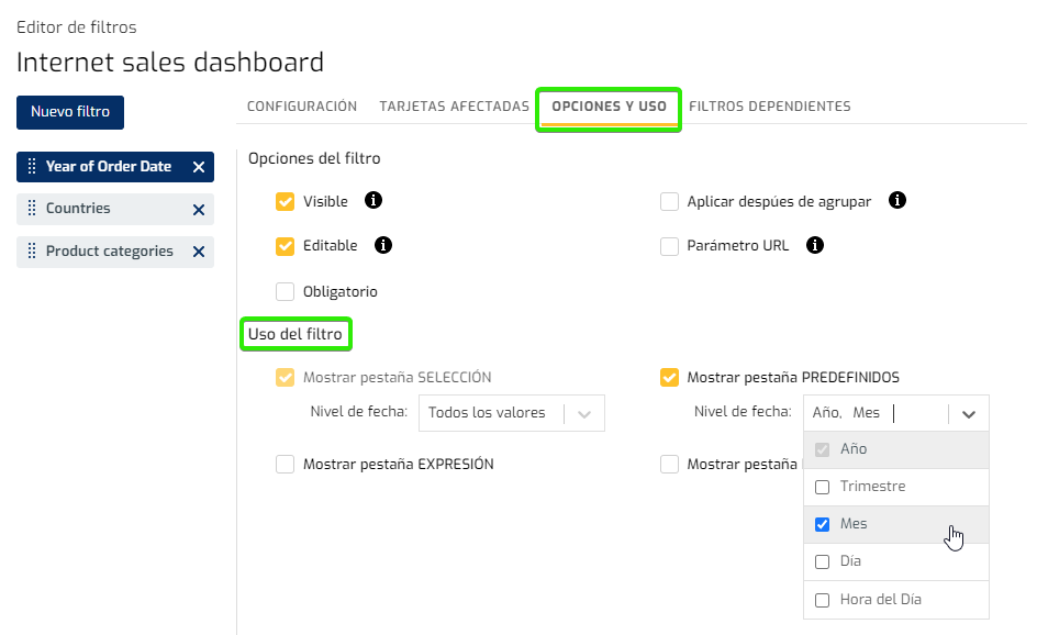 Configurar en los filtros las opciones