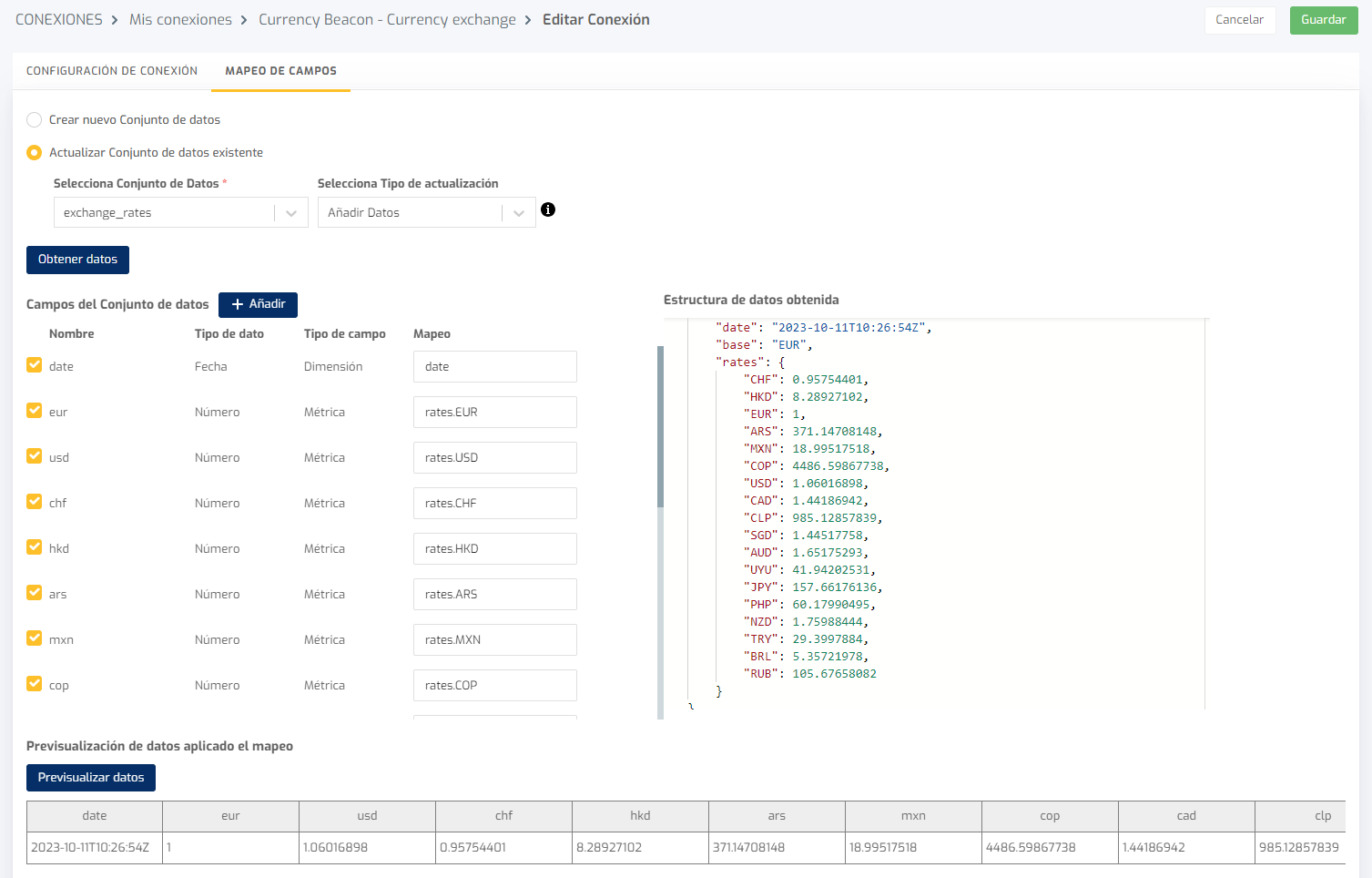 Biuwer - Mapeo de campos del conector de datos API REST